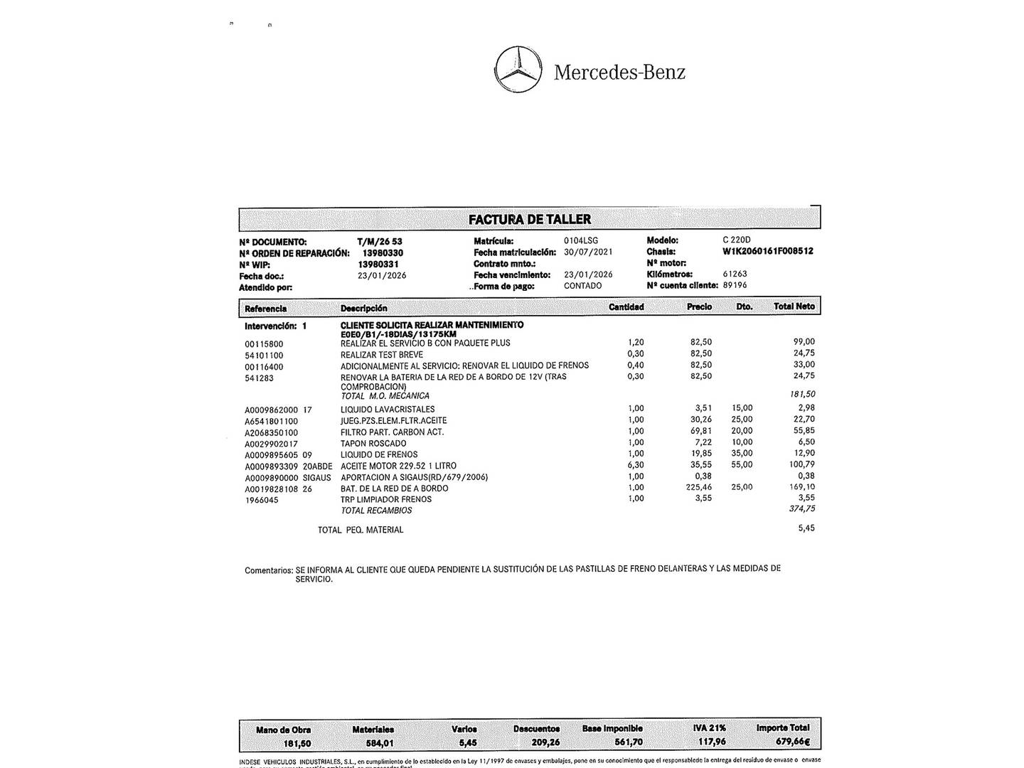 Foto del mantenimiento del Mercedes Clase C Mercedes Clase C 220 d (200 CV) Pack AMG