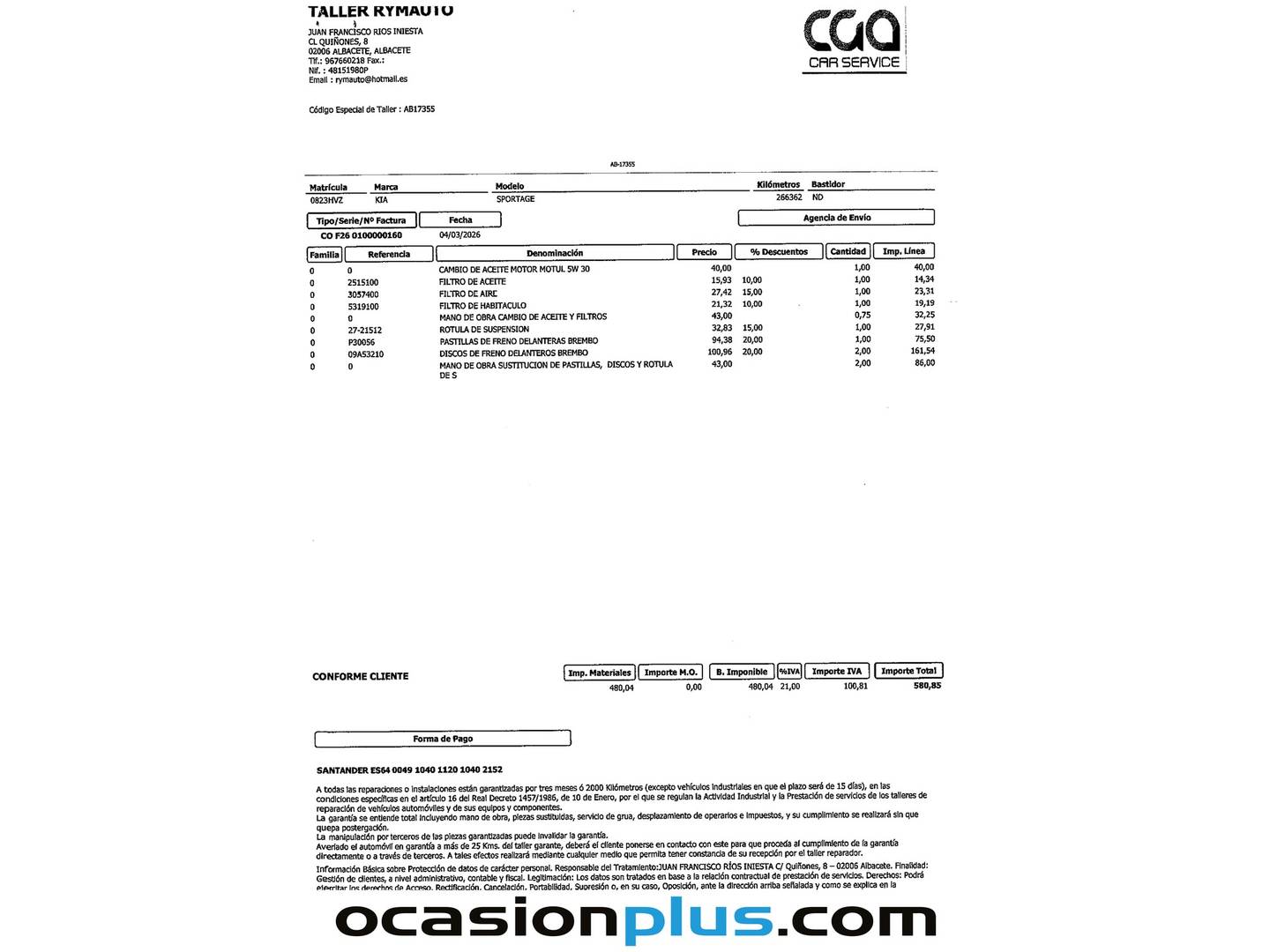 Foto del mantenimiento del KIA Sportage KIA Sportage 1.7 CRDI VGT Drive Plus Pack Visión 4x2 (115 CV)