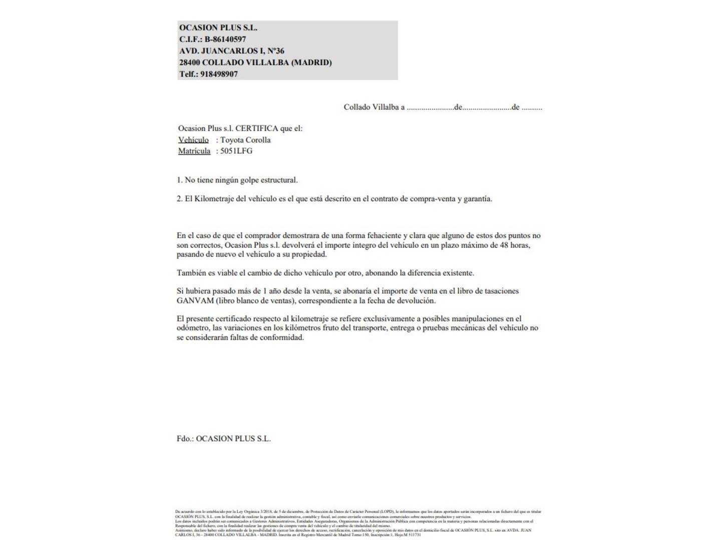 Foto del certificado del Toyota Corolla Toyota Corolla 180H Feel! E-CVT (180 CV)