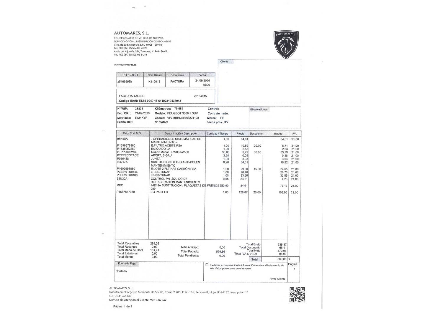Foto del mantenimiento del Peugeot 3008 Peugeot 3008 PureTech 130 S&S GT Line EAT8 (130 CV)