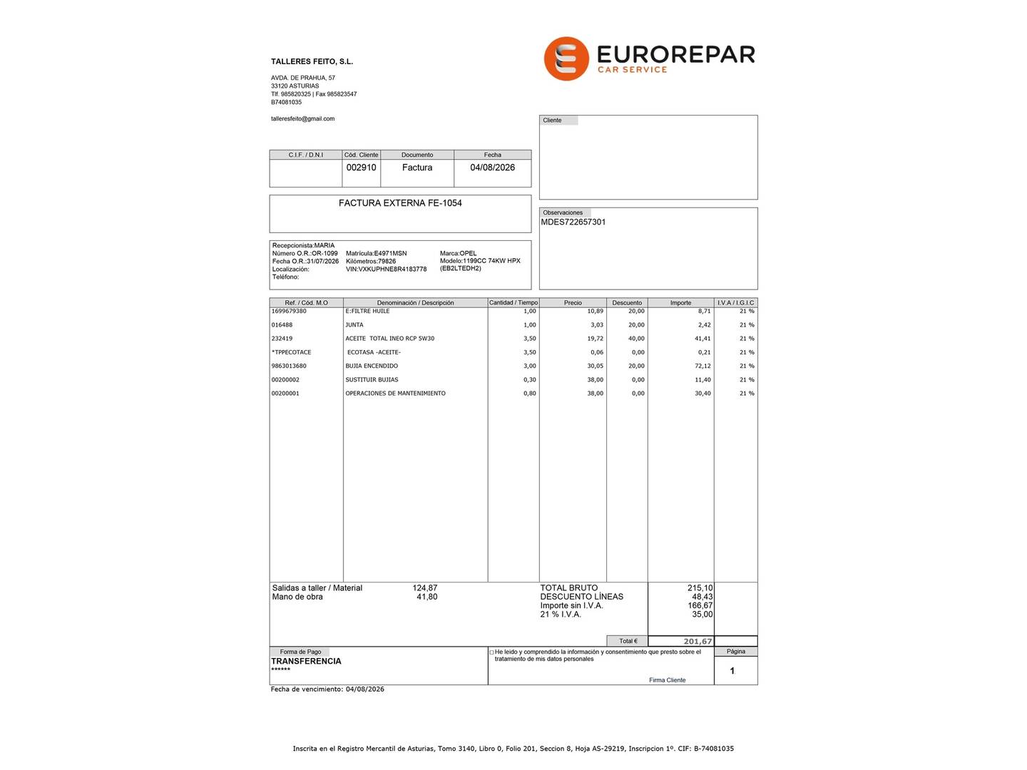Foto del mantenimiento del Opel Corsa Opel Corsa 1.2 T XHL GS (100 CV)