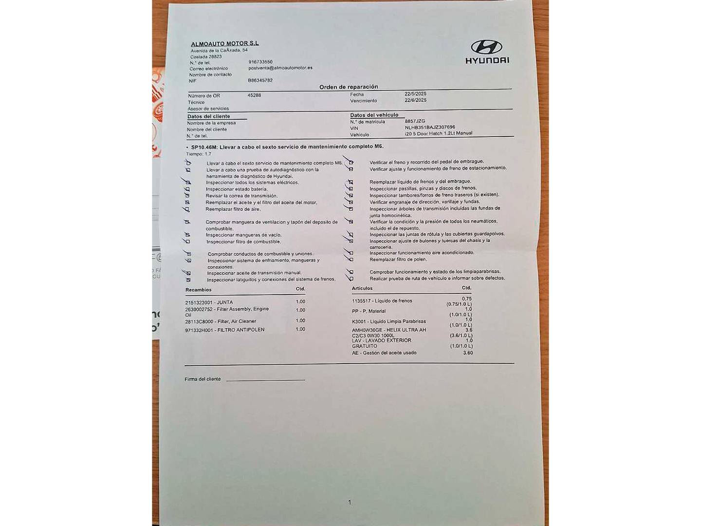 Foto del mantenimiento del Hyundai i20 Hyundai i20 1.2 MPI Klass (84 CV)