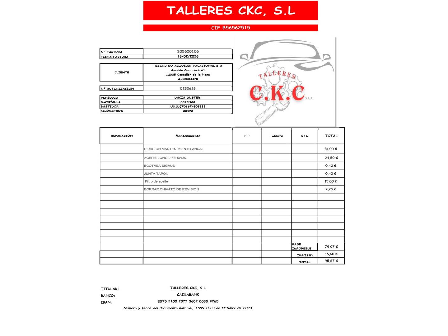 Foto del mantenimiento del Dacia Duster Dacia Duster Journey TCE 48v 4X2 (130 CV)