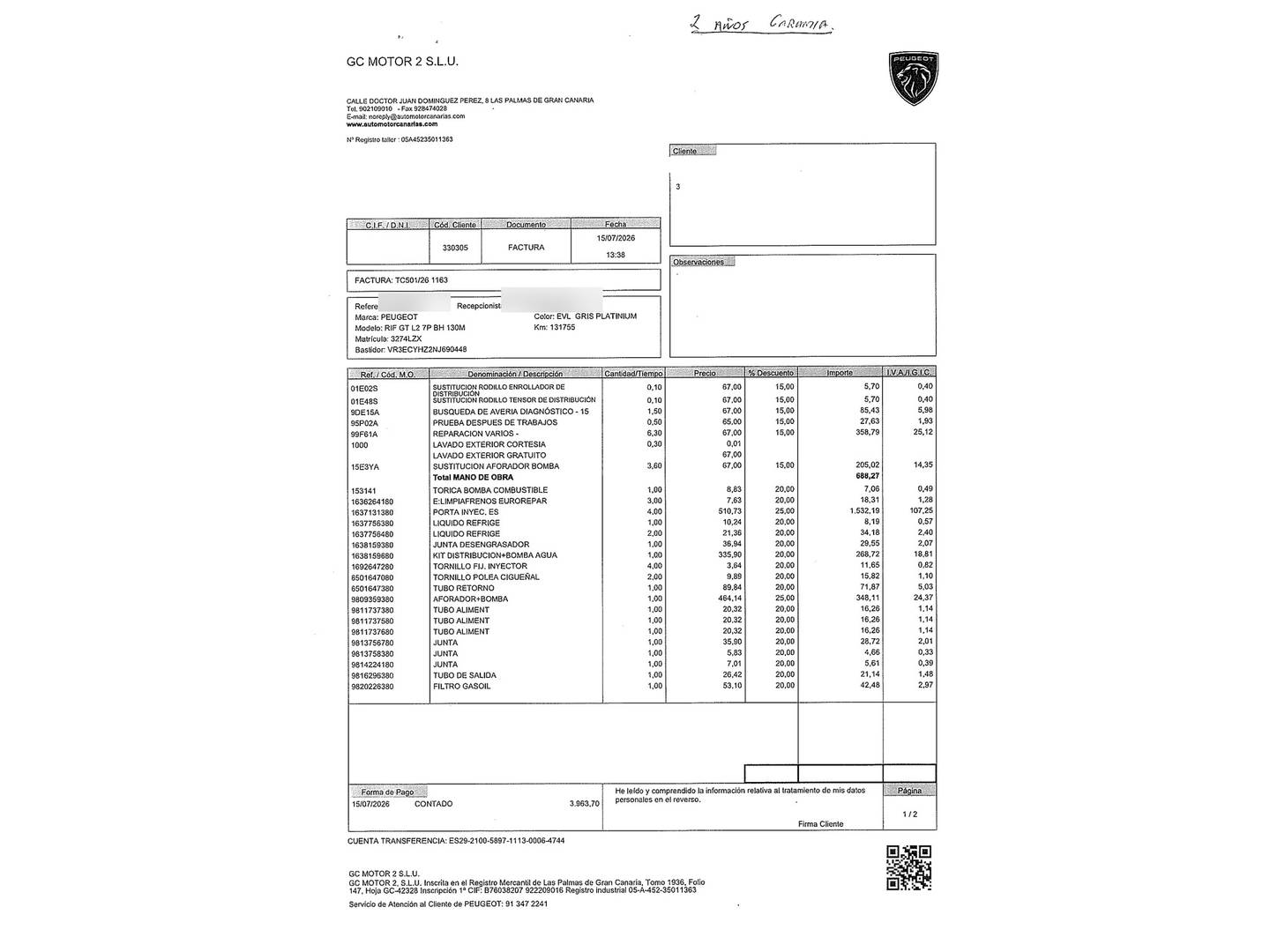 Foto del mantenimiento del Peugeot Rifter Peugeot Rifter BlueHDi 130 GT Long (130 CV) 7 Plazas