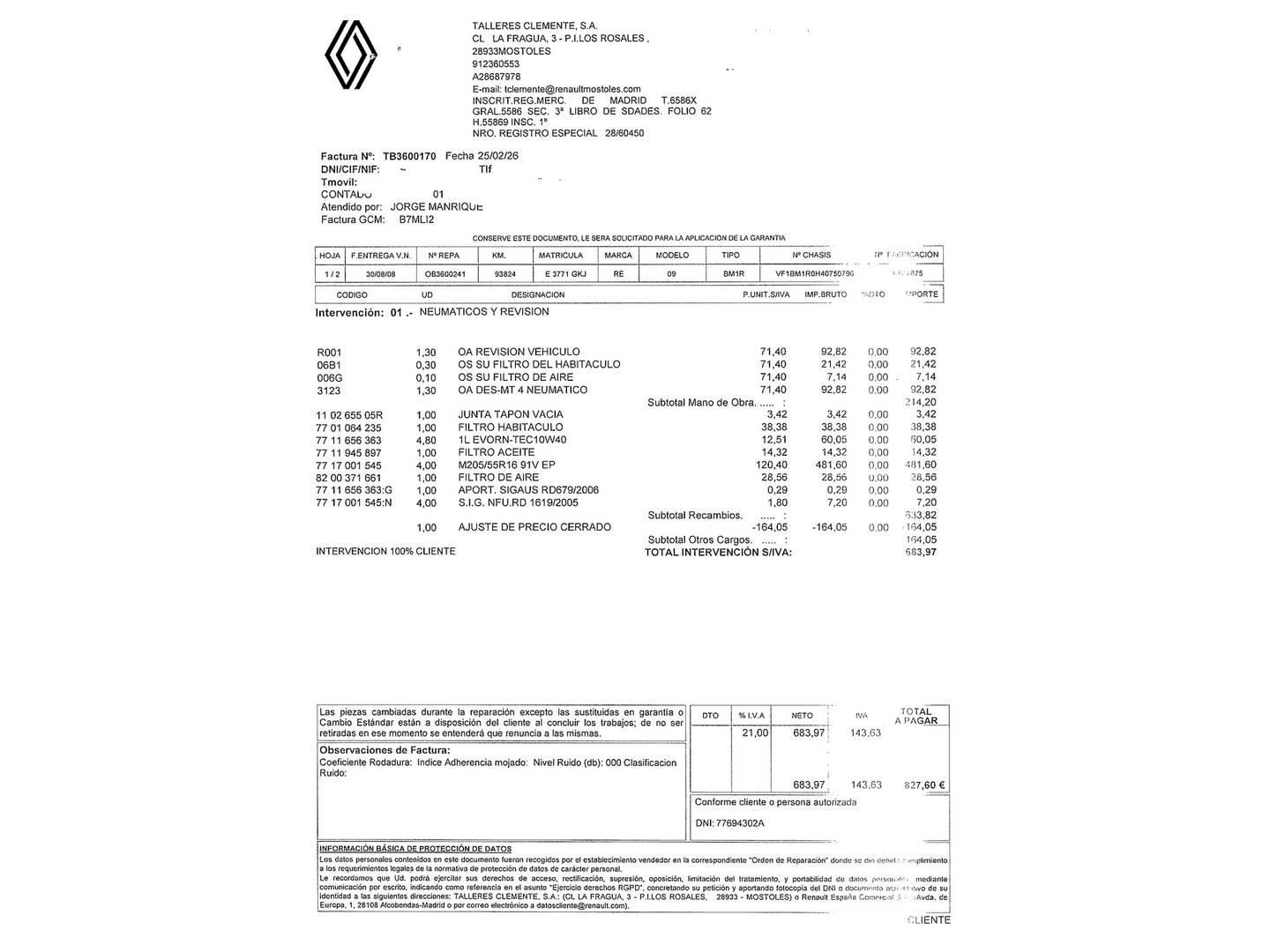 Foto del mantenimiento del Renault Mégane Renault Megane 1.6 16v Expression (110 CV)