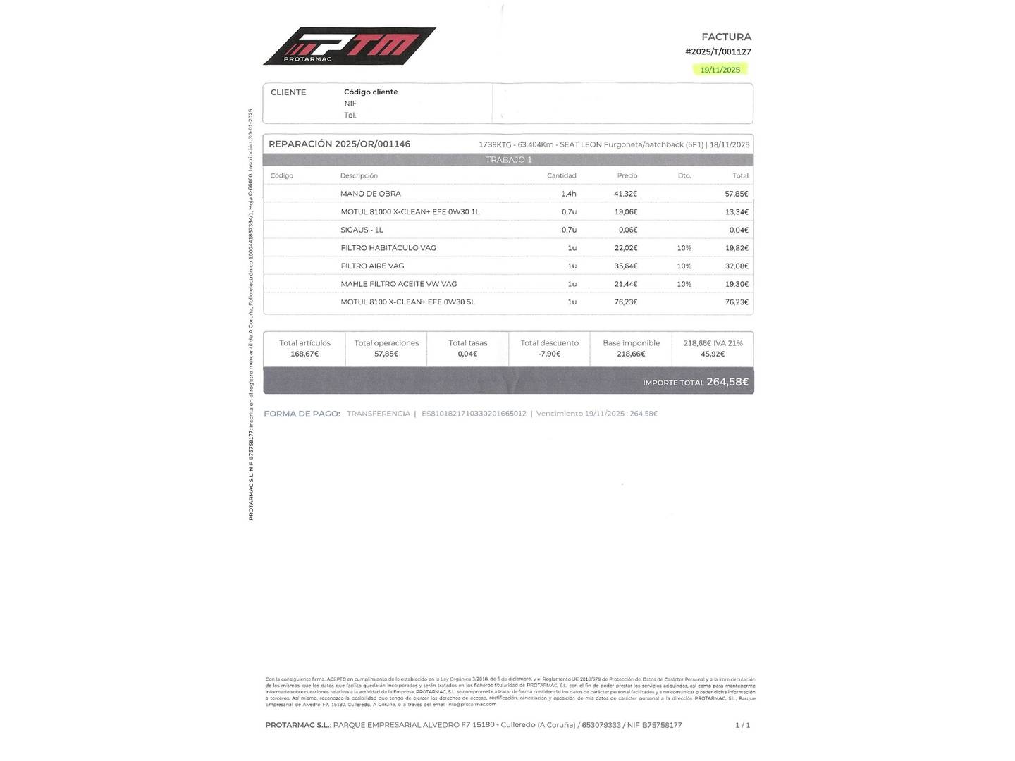 Foto del mantenimiento del Seat León SEAT León 2.0 TSI S&S FR DSG (190 CV)