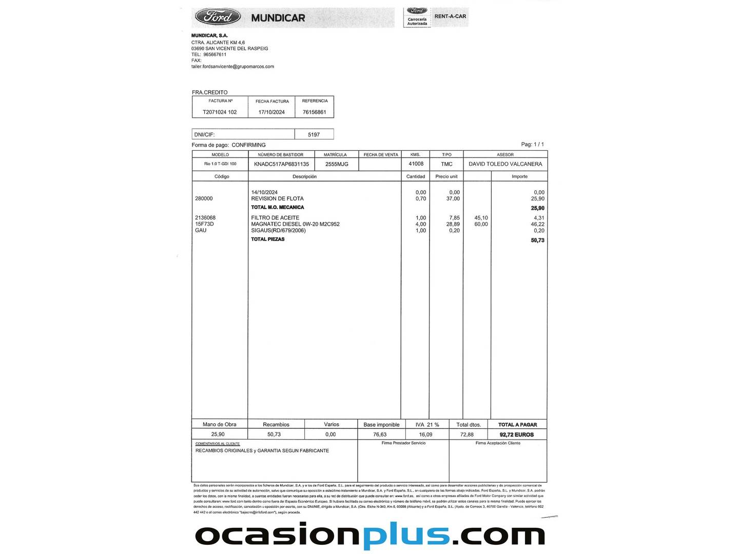 Foto del mantenimiento del KIA Rio KIA Rio 1.0 T-GDi MHEV iMT Drive (100 CV)