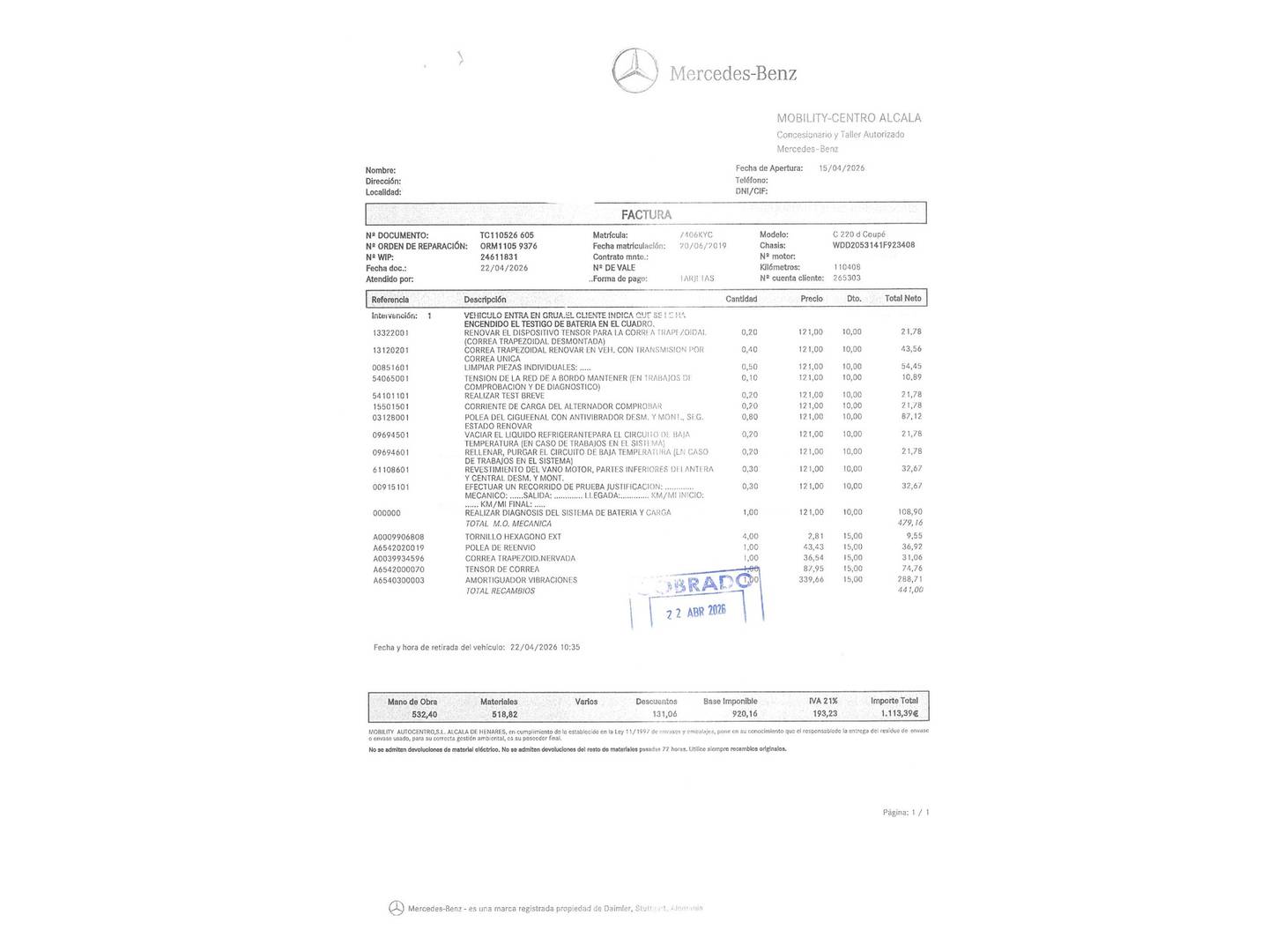 Foto del mantenimiento del Mercedes Clase C Mercedes Clase C Coupe 220 d (194 CV) Pack AMG