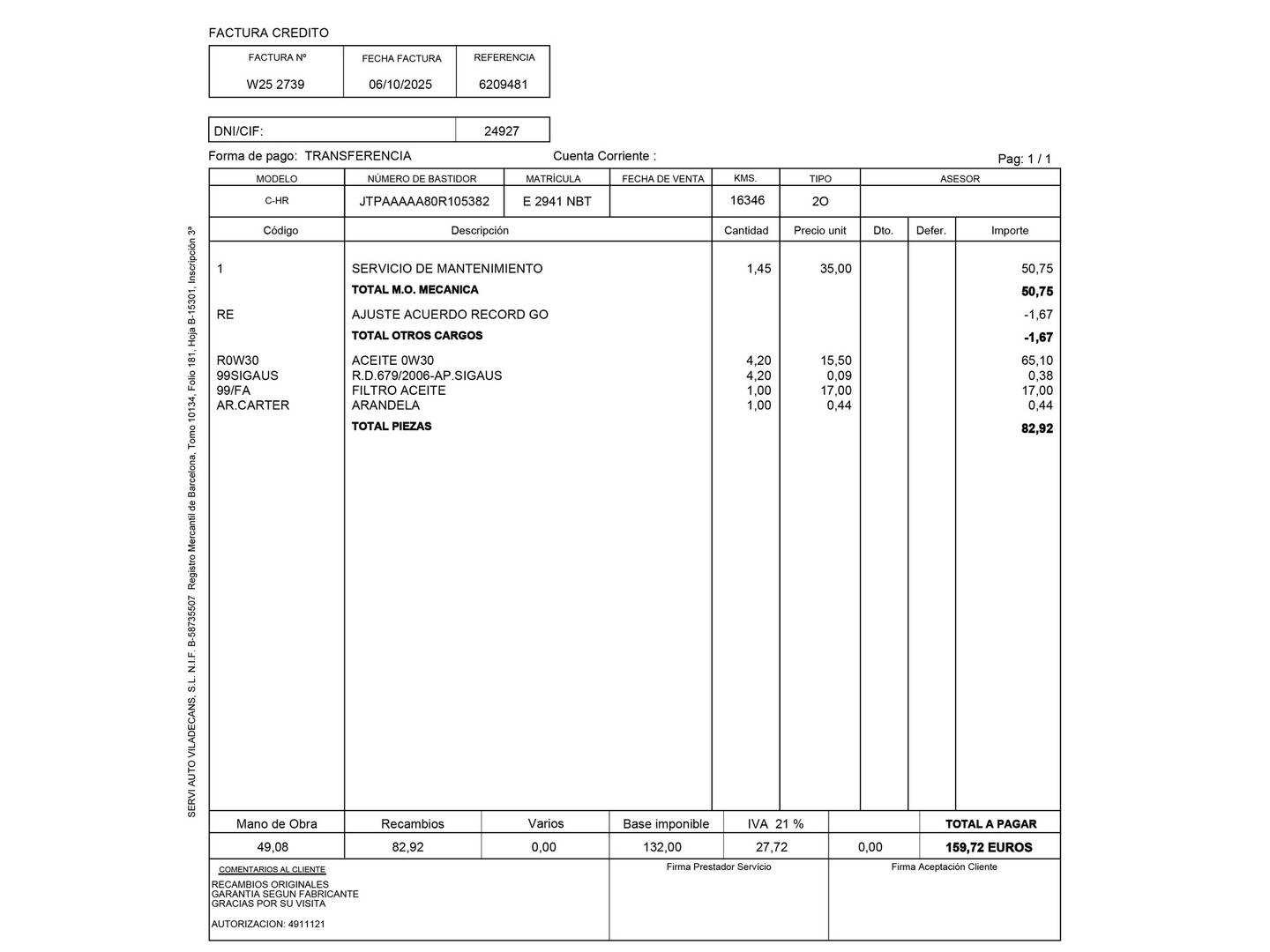 Foto del mantenimiento del Toyota C-HR Toyota C-HR 140H Advance (140 CV)