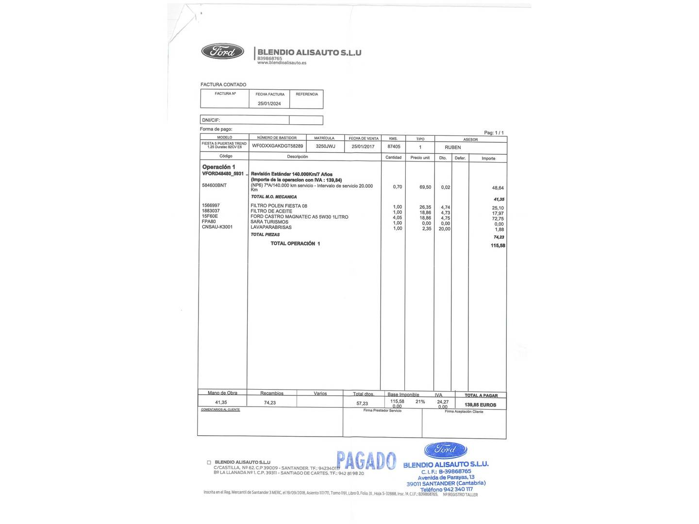 Foto del mantenimiento del Ford Fiesta Ford Fiesta 1.25 Duratec Trend (82 CV)