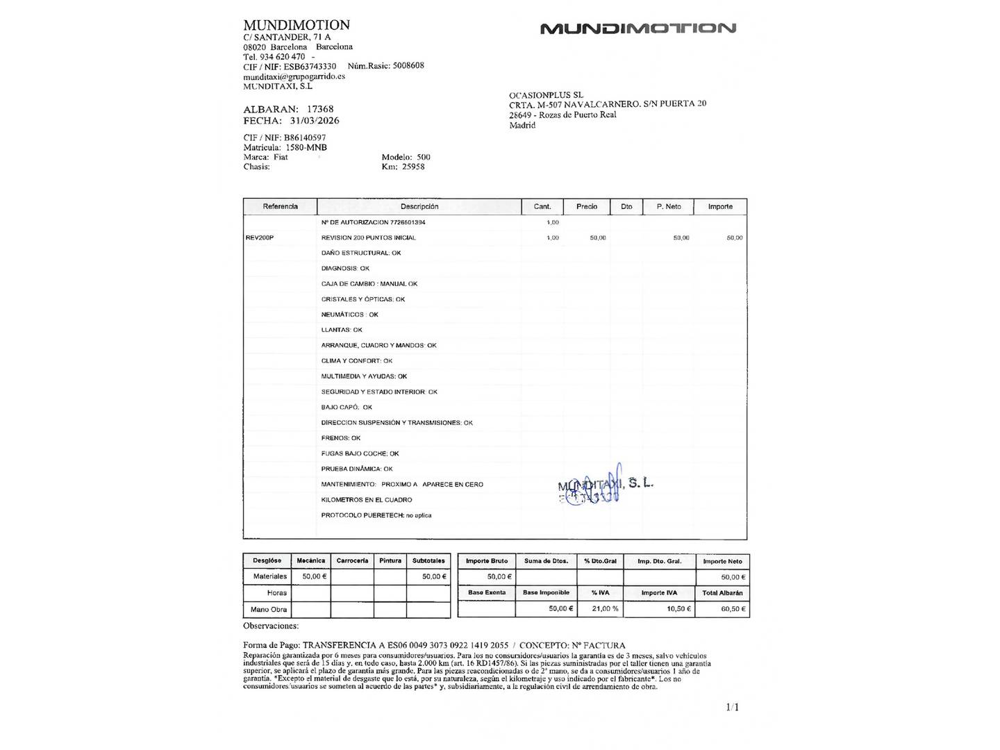 Foto del mantenimiento del Fiat 500C Fiat 500C 1.0 Hybrid Monotrim (70 CV)