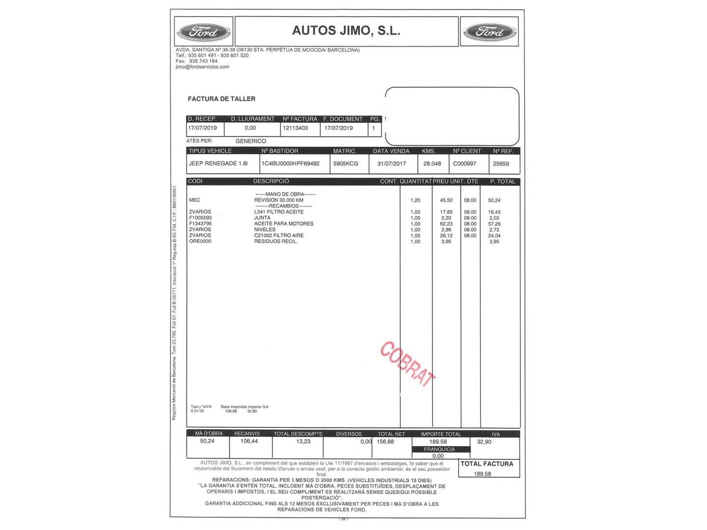 Foto del mantenimiento del Jeep Renegade Jeep Renegade Renegade 1.6 E-TORQ Sport FWD E6 (110 CV)