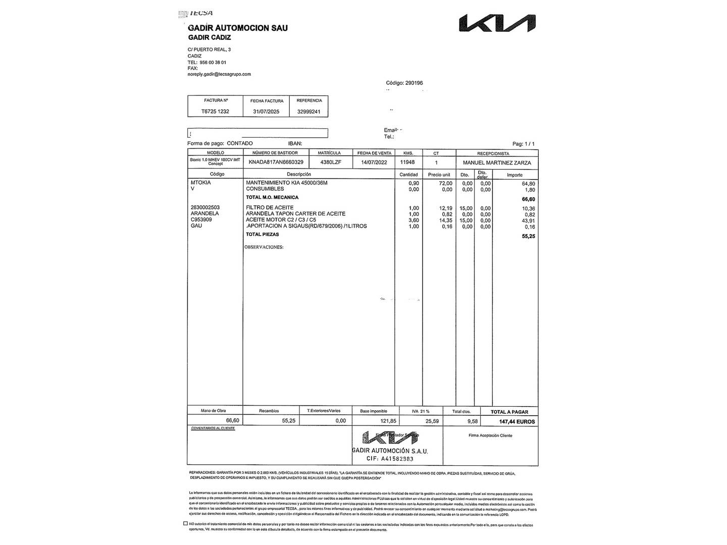 Foto del mantenimiento del KIA Stonic KIA Stonic 1.0 T-GDi MHEV iMT Concept (100 CV)