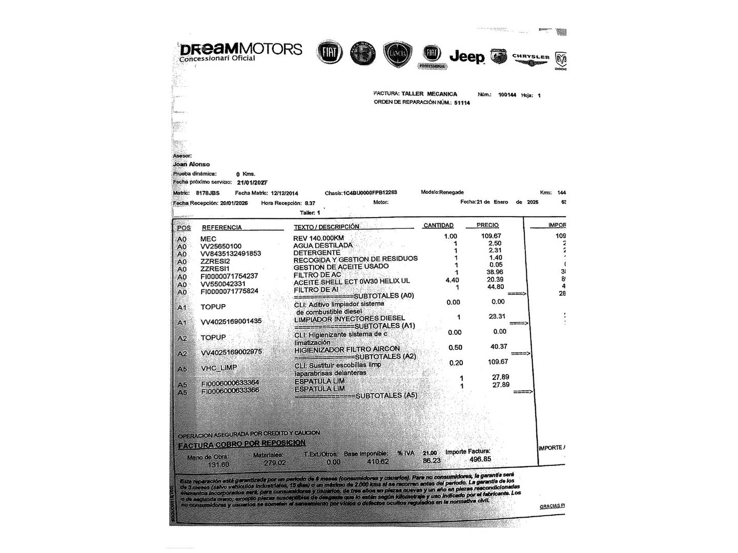 Foto del mantenimiento del Jeep Renegade Jeep Renegade 2.0 Multijet Limited Active Drive 4x4 (140 CV)