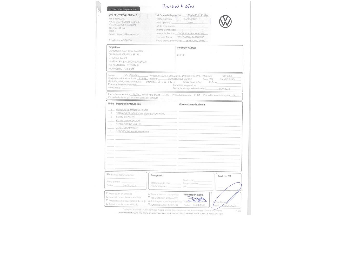 Foto del mantenimiento del Volkswagen Arteon Volkswagen Arteon R-Line 2.0 TSI (190 CV) DSG