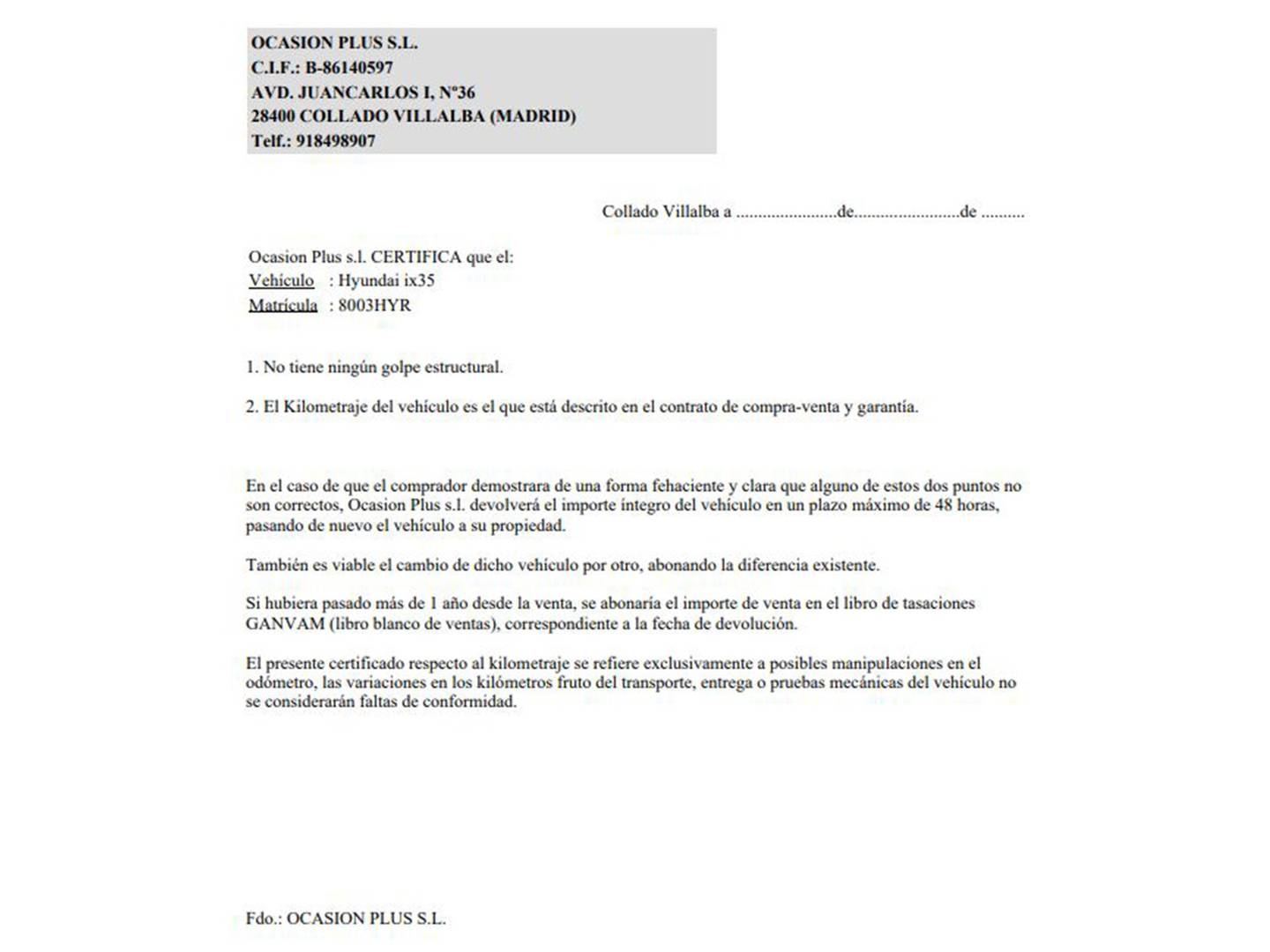 Foto del certificado del Hyundai ix35 Hyundai ix35 2.0 CRDI Go! Plus Auto 4x4 (184 CV)