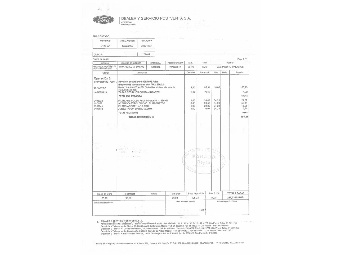 Foto del mantenimiento del Ford Fiesta Ford Fiesta 1.5 TDCI S&S ST-Line (120 CV)