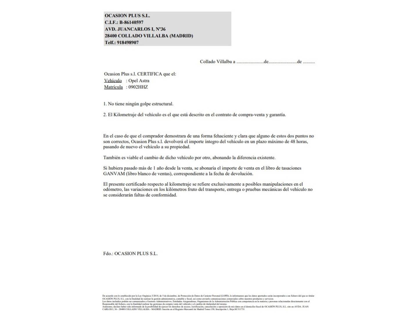 Foto del certificado del Opel Astra Opel Astra 1.7 CDTI Sport (125 CV)