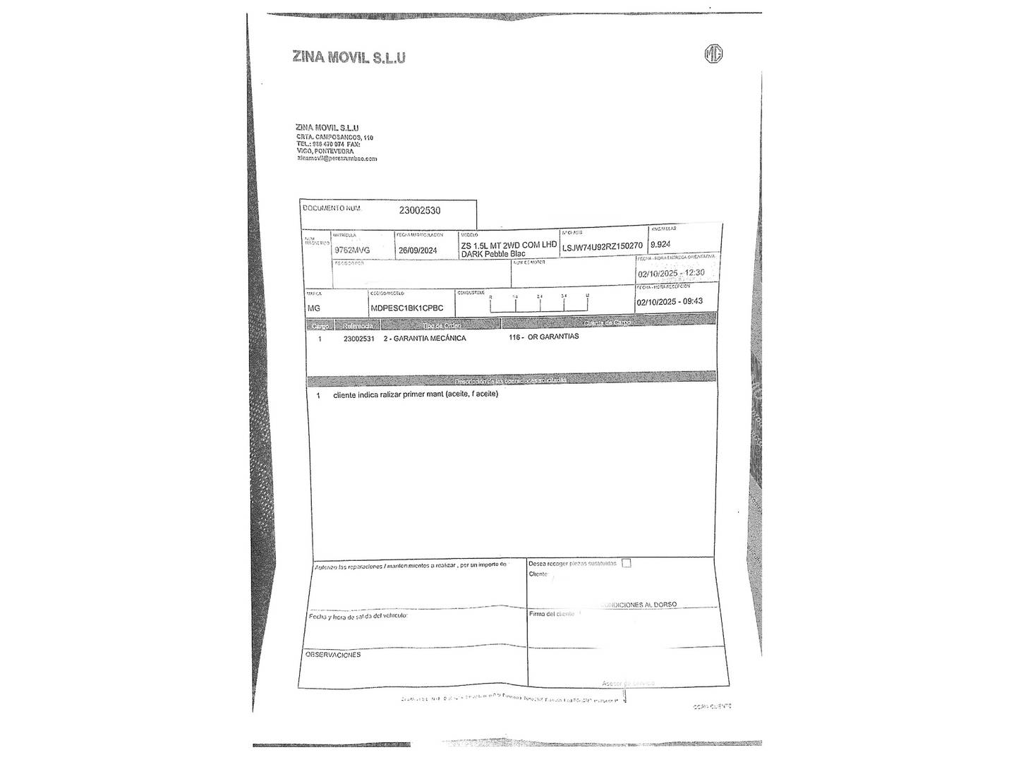 Foto del mantenimiento del MG ZS MG ZS 1.5 Comfort (106 CV)