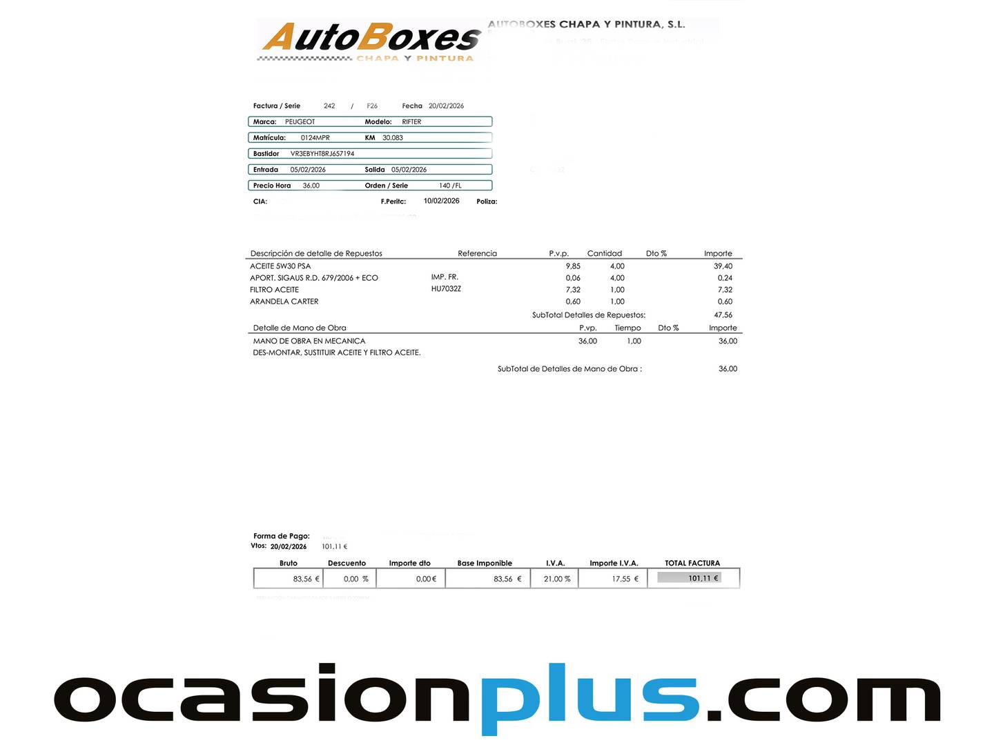 Foto del mantenimiento del Peugeot Rifter Peugeot Rifter BlueHDi 100 Allure (100 CV)