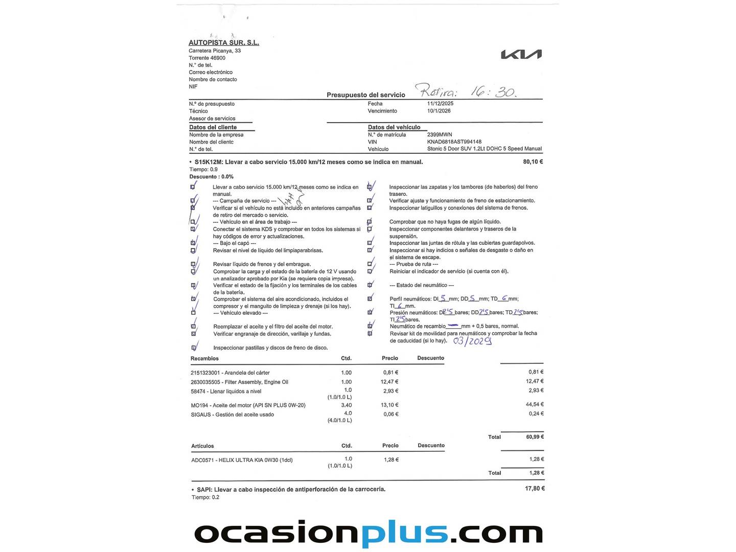 Foto del mantenimiento del KIA Stonic KIA Stonic 1.2 DPi Drive (79 CV)