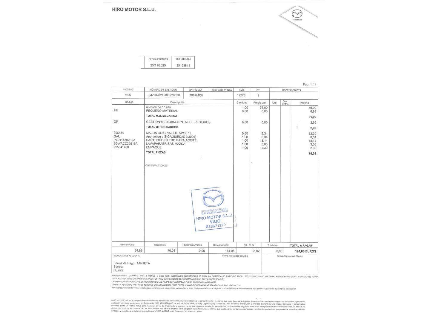 Foto del mantenimiento del Mazda MX-30 Mazda MX-30 e-Skyactiv R-EV Edition R (170 CV)