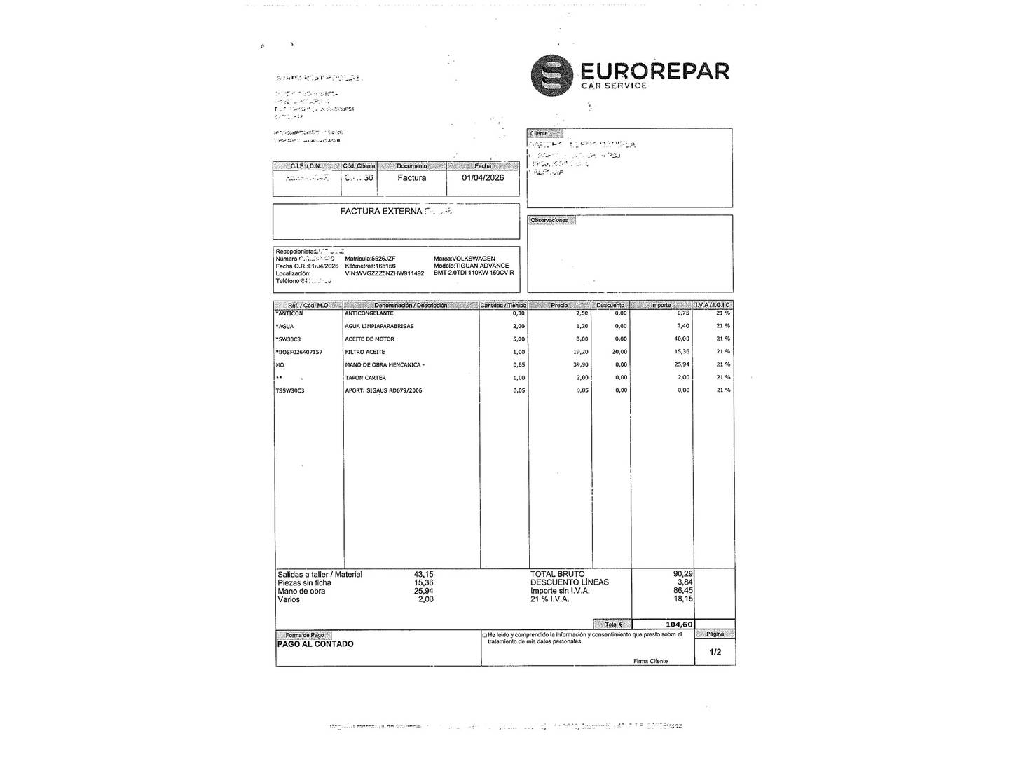 Foto del mantenimiento del Volkswagen Tiguan Volkswagen Tiguan Advance 2.0 TDI BMT (150 CV)