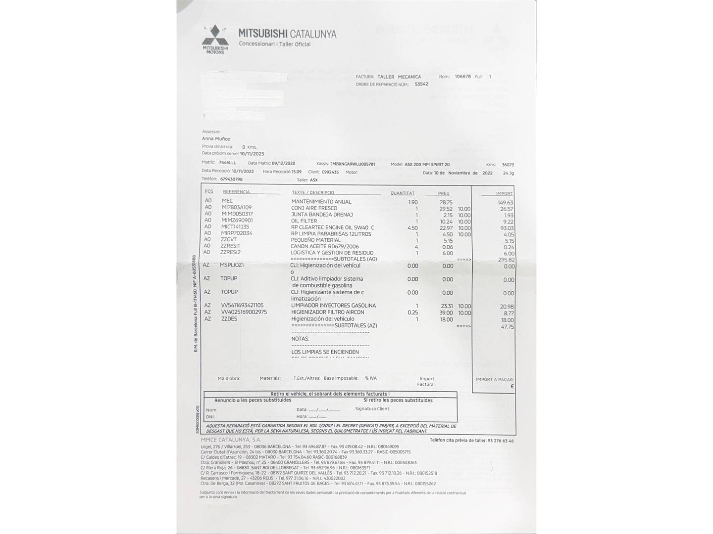 Foto del mantenimiento del Mitsubishi ASX Mitsubishi ASX 200 MPI Spirit (150 CV)