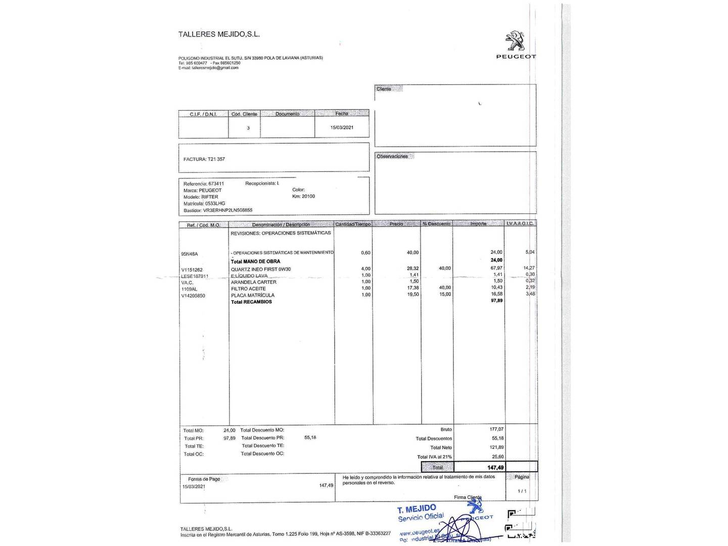 Foto del mantenimiento del Peugeot Rifter Peugeot Rifter PureTech 110 Active Standard (110 CV)