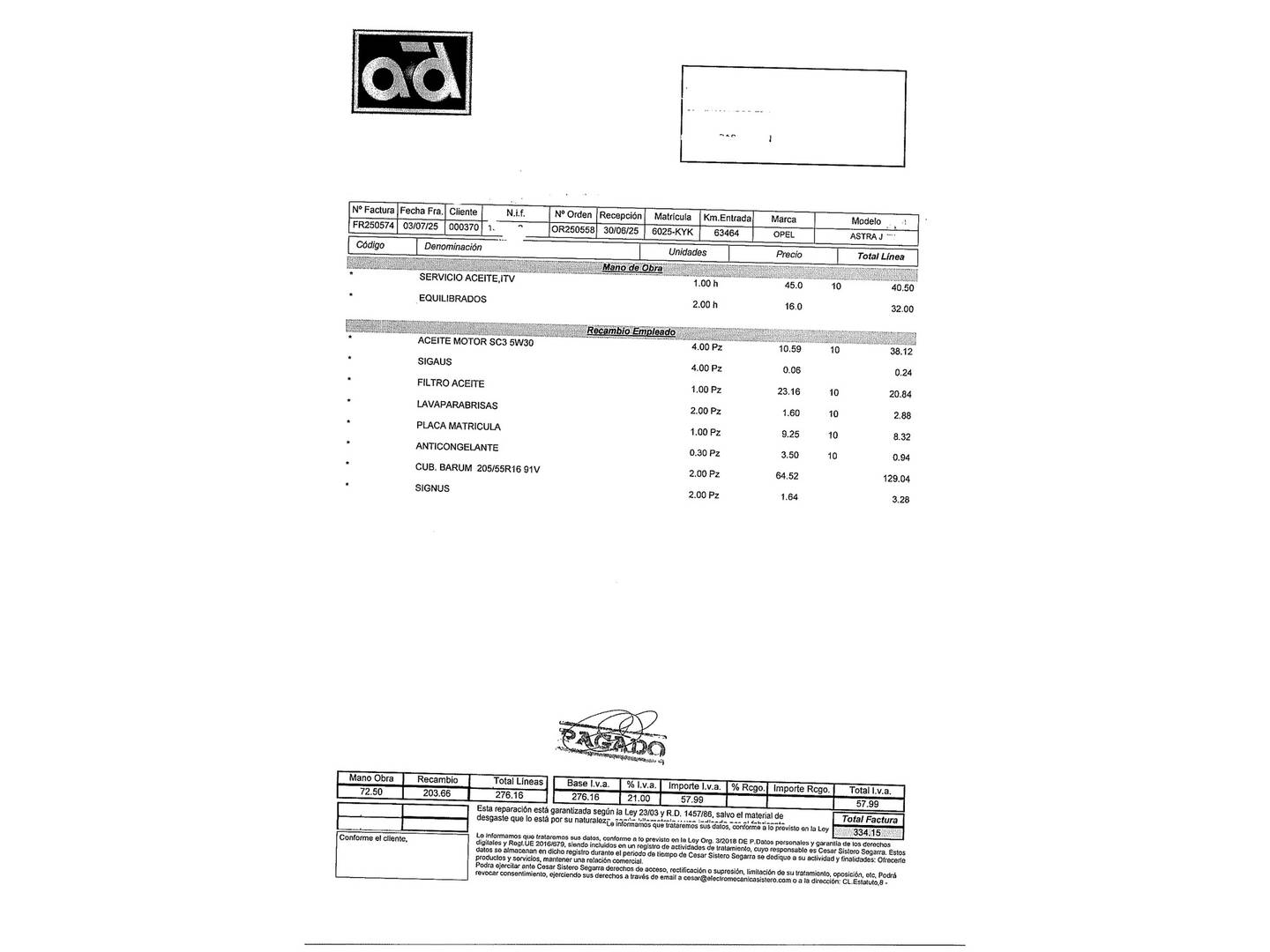 Foto del mantenimiento del Opel Astra Opel Astra 1.4 Turbo Dynamic (150 CV)