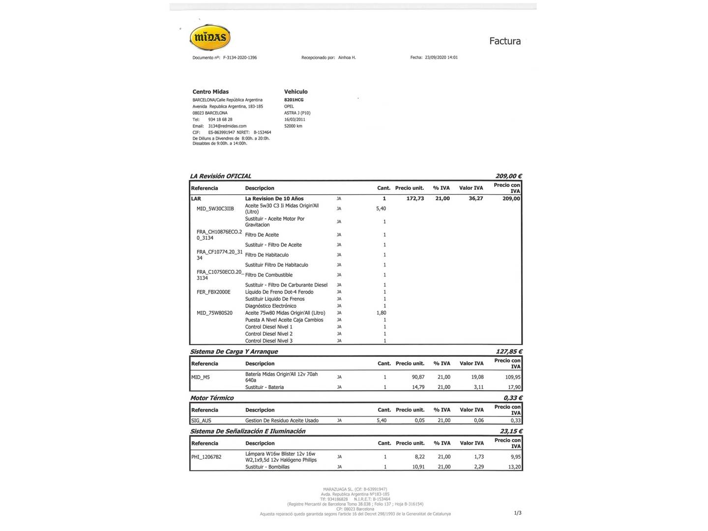 Foto del mantenimiento del Opel Astra Opel Astra 1.7 CDTI Enjoy (110 CV)