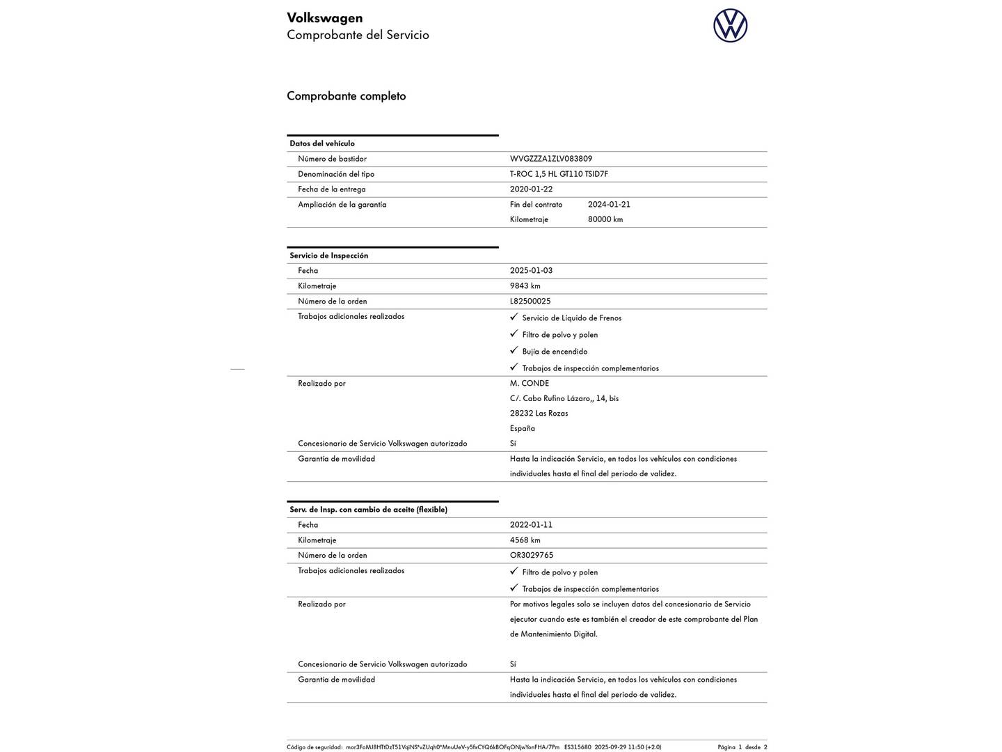 Foto del mantenimiento del Volkswagen T-Roc Volkswagen T-Roc Sport 1.5 TSI (150 CV) DSG