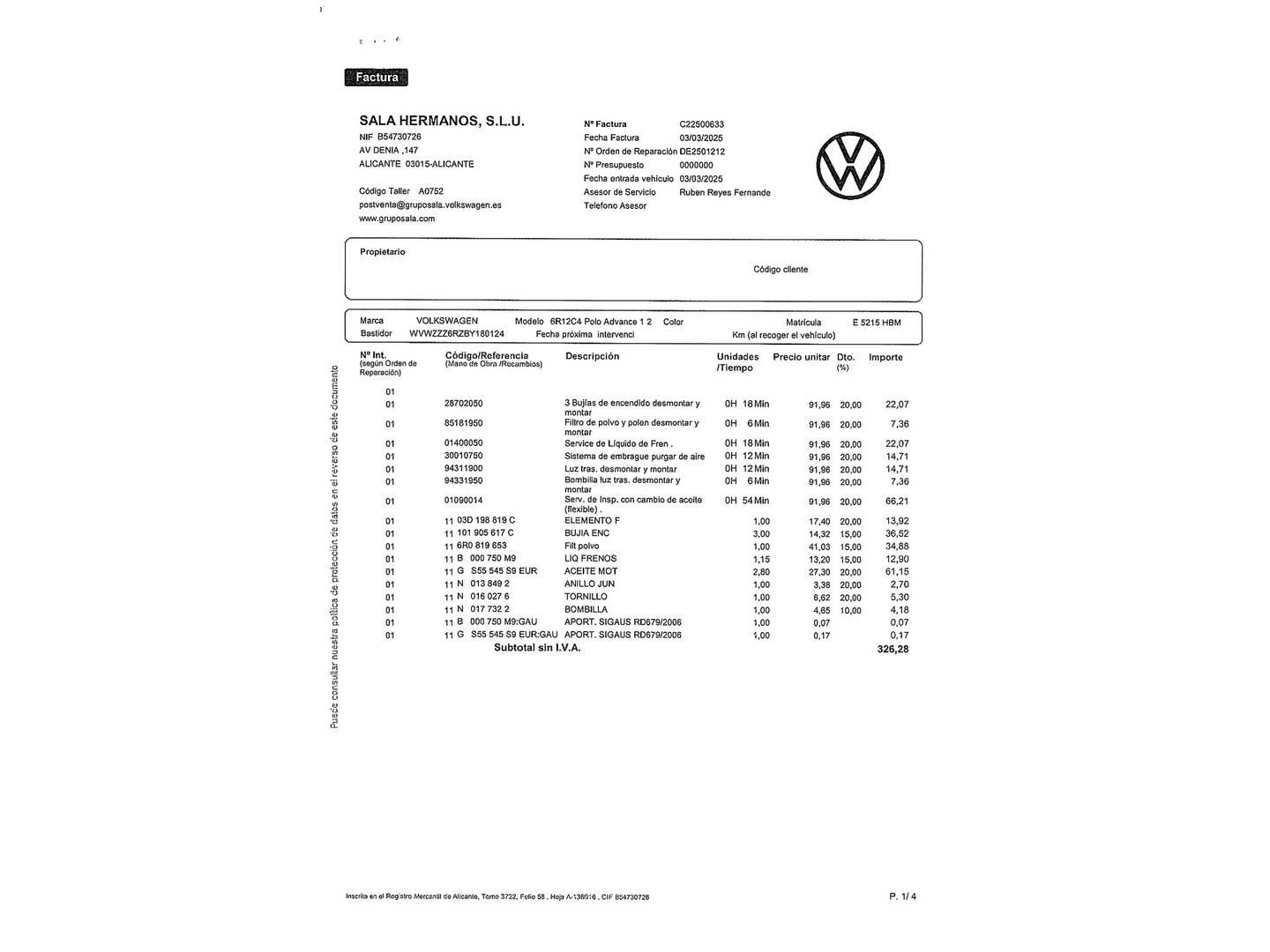 Foto del mantenimiento del Volkswagen Polo Volkswagen Polo Advance 1.2 (70 CV)