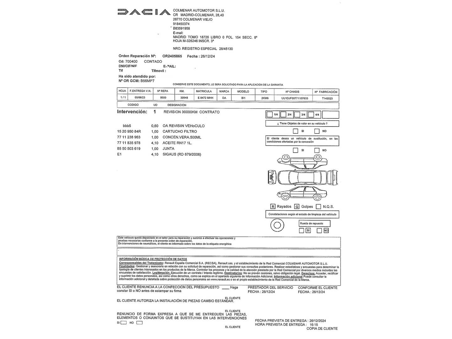 Foto del mantenimiento del Dacia Sandero Dacia Sandero Essential TCe (91 CV)