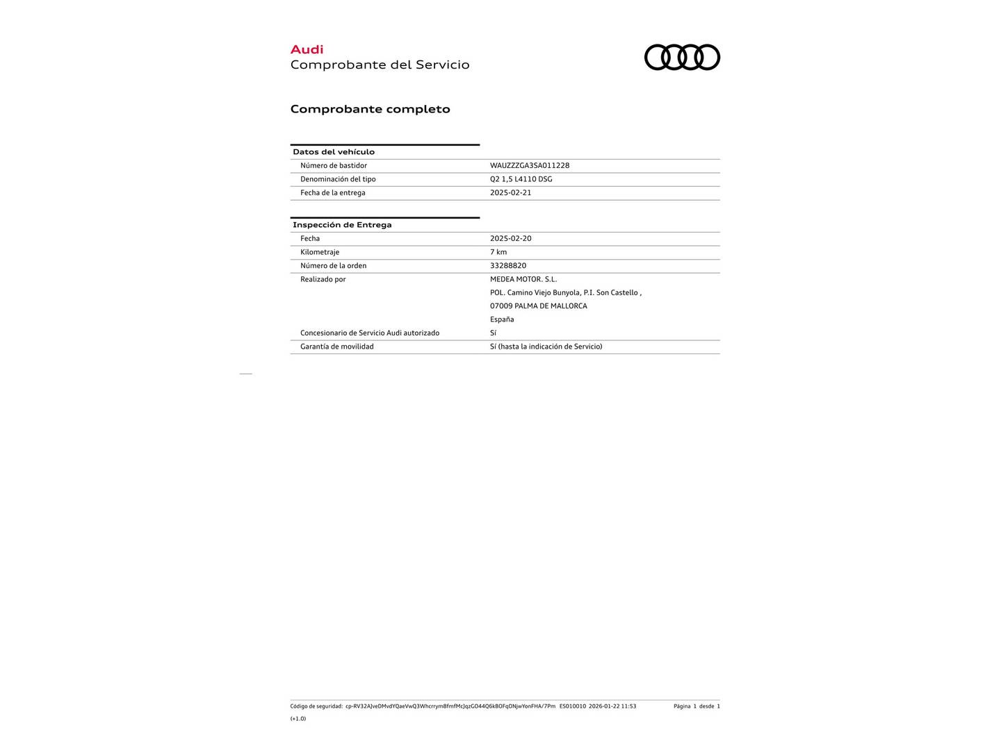 Foto del mantenimiento del Audi Q2 Audi Q2 S line 35 TFSI (150 CV) S tronic