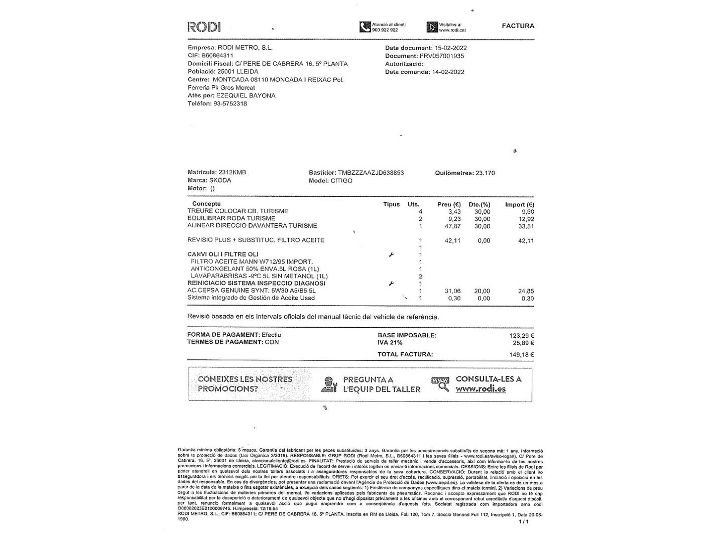 Foto del mantenimiento del Skoda Citigo Skoda Citigo 1.0 MPI Ambition (60 CV)