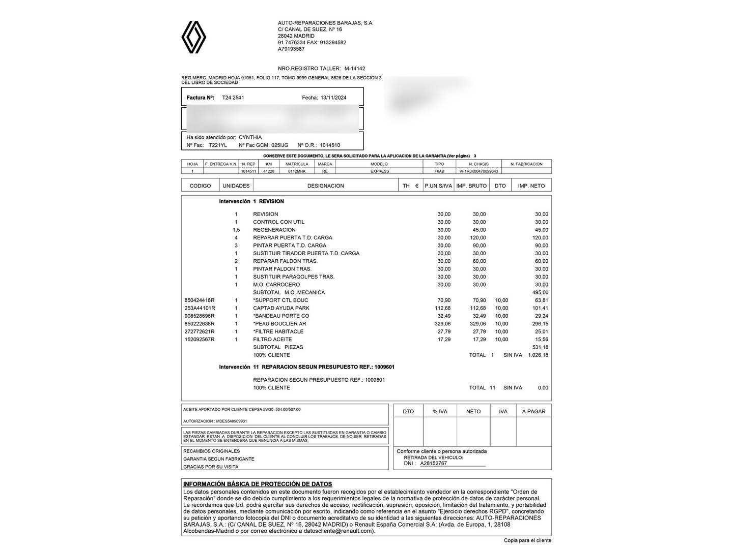 Foto del mantenimiento del Renault Express Renault Express Furgon Advance Blue dCi (95 CV)