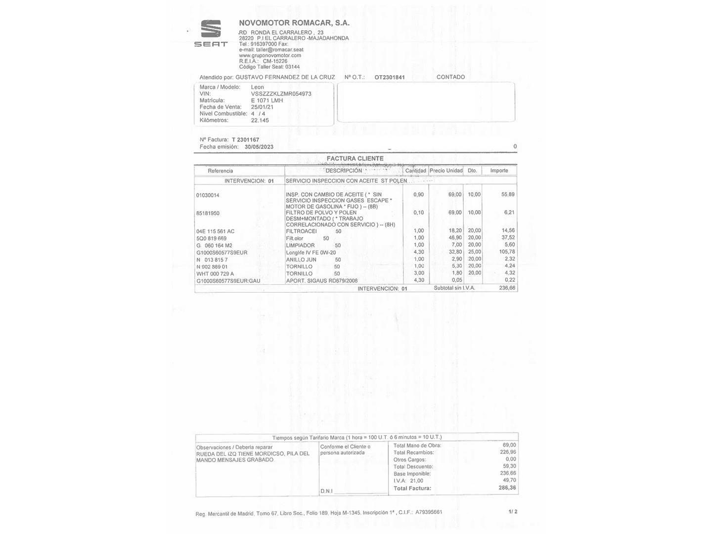 Foto del mantenimiento del Seat León Seat León 1.5 TSI S&S FR Go L (150 CV)