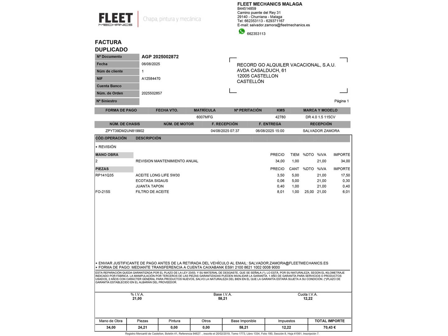 Foto del mantenimiento del DR AUTOMOBILES DR 4.0 DR AUTOMOBILES DR4 1.5 (116 CV)