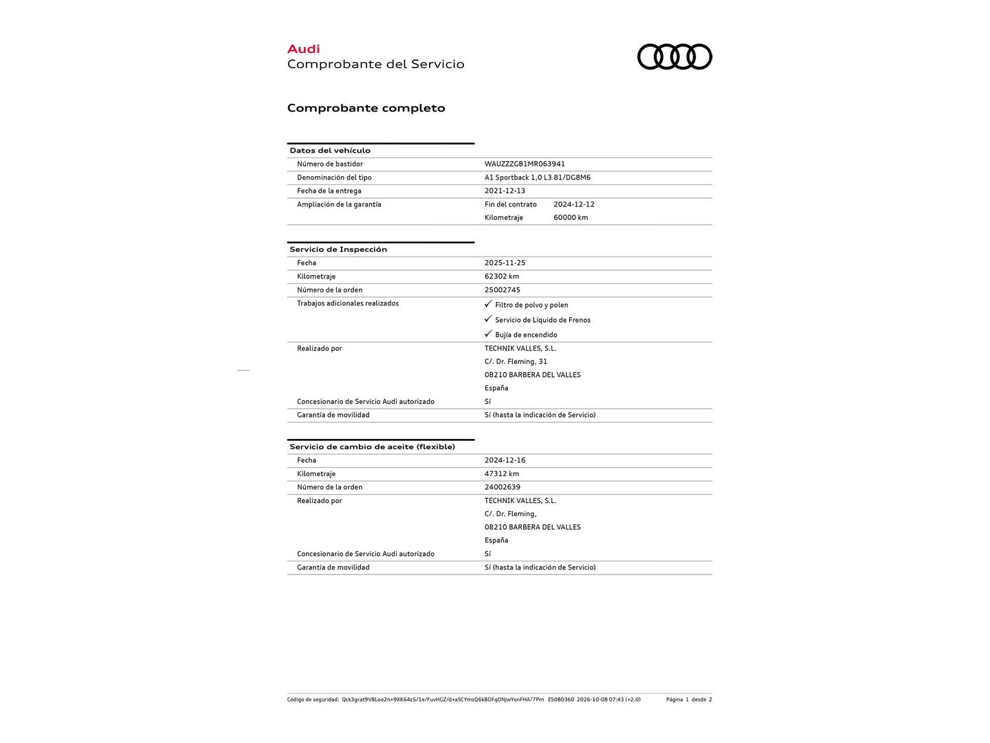 Foto del mantenimiento del Audi A1 Audi A1 Sportback S line 30 TFSI (110 CV)