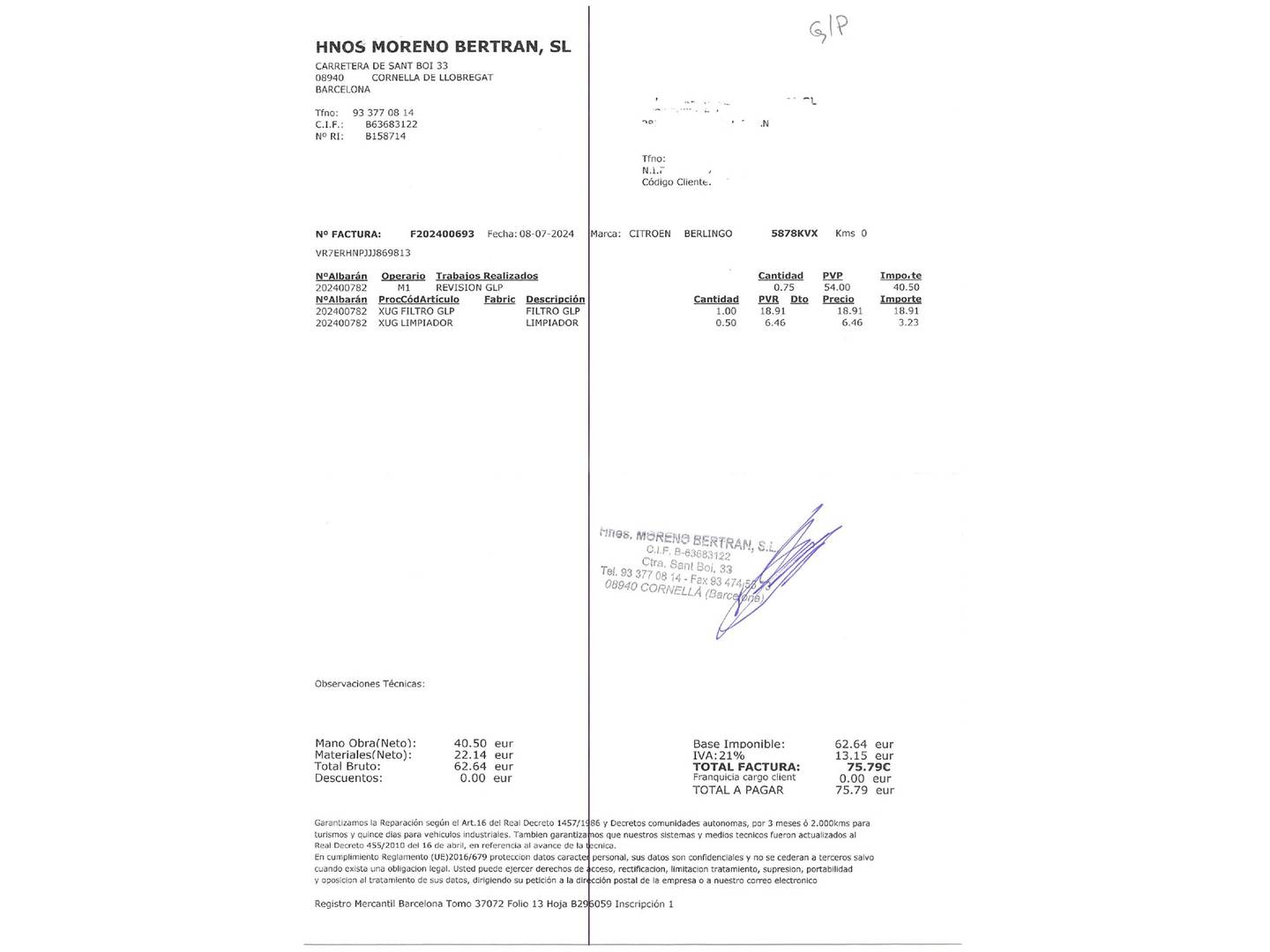 Foto del mantenimiento del Citroën Berlingo Citroën Berlingo Combi PureTech 110 S&S Talla M Feel (110 CV)
