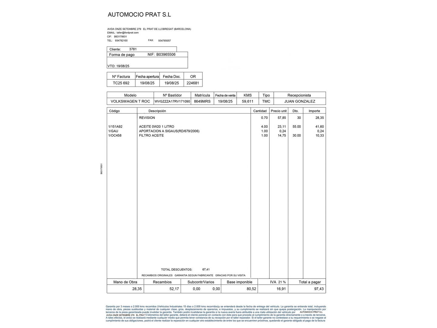 Foto del mantenimiento del Volkswagen T-Roc Volkswagen T-Roc Life 1.0 TSI (115 CV)