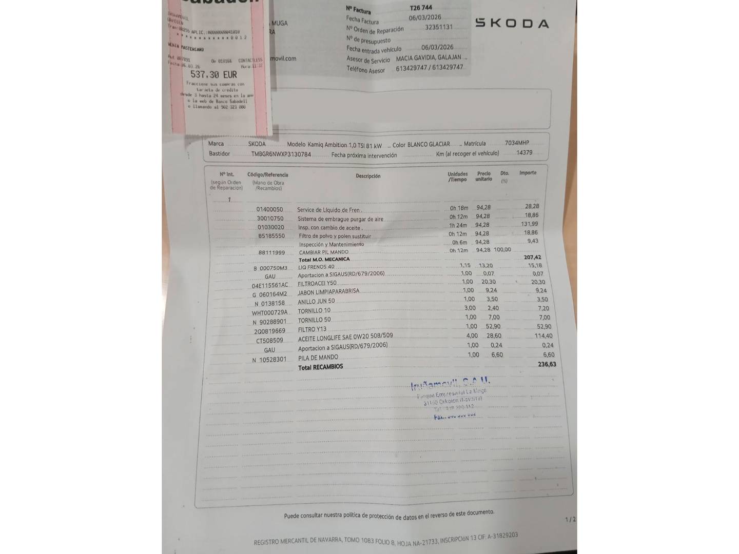 Foto del mantenimiento del Skoda Kamiq Skoda Kamiq 1.0 TSI Ambition (110 CV)