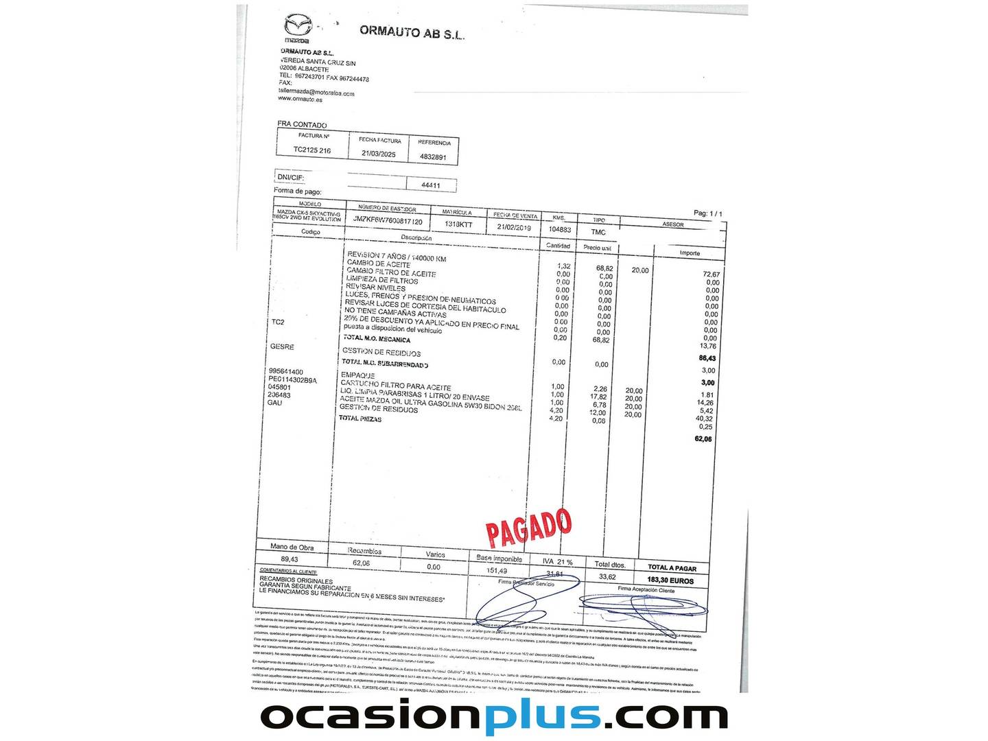 Foto del mantenimiento del Mazda CX-5 Mazda CX-5 2.0 Skyactiv-G Evolution Design Nav 2WD (165 CV)