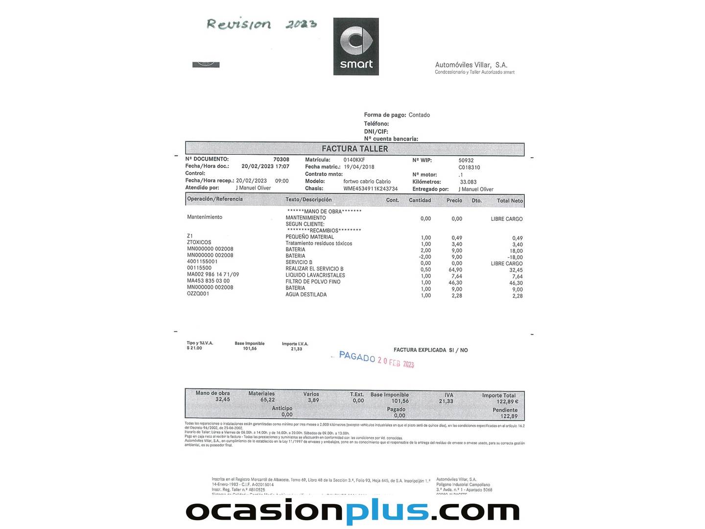 Foto del mantenimiento del Smart fortwo Smart ForTwo Cabrio Electric Drive (82 CV)