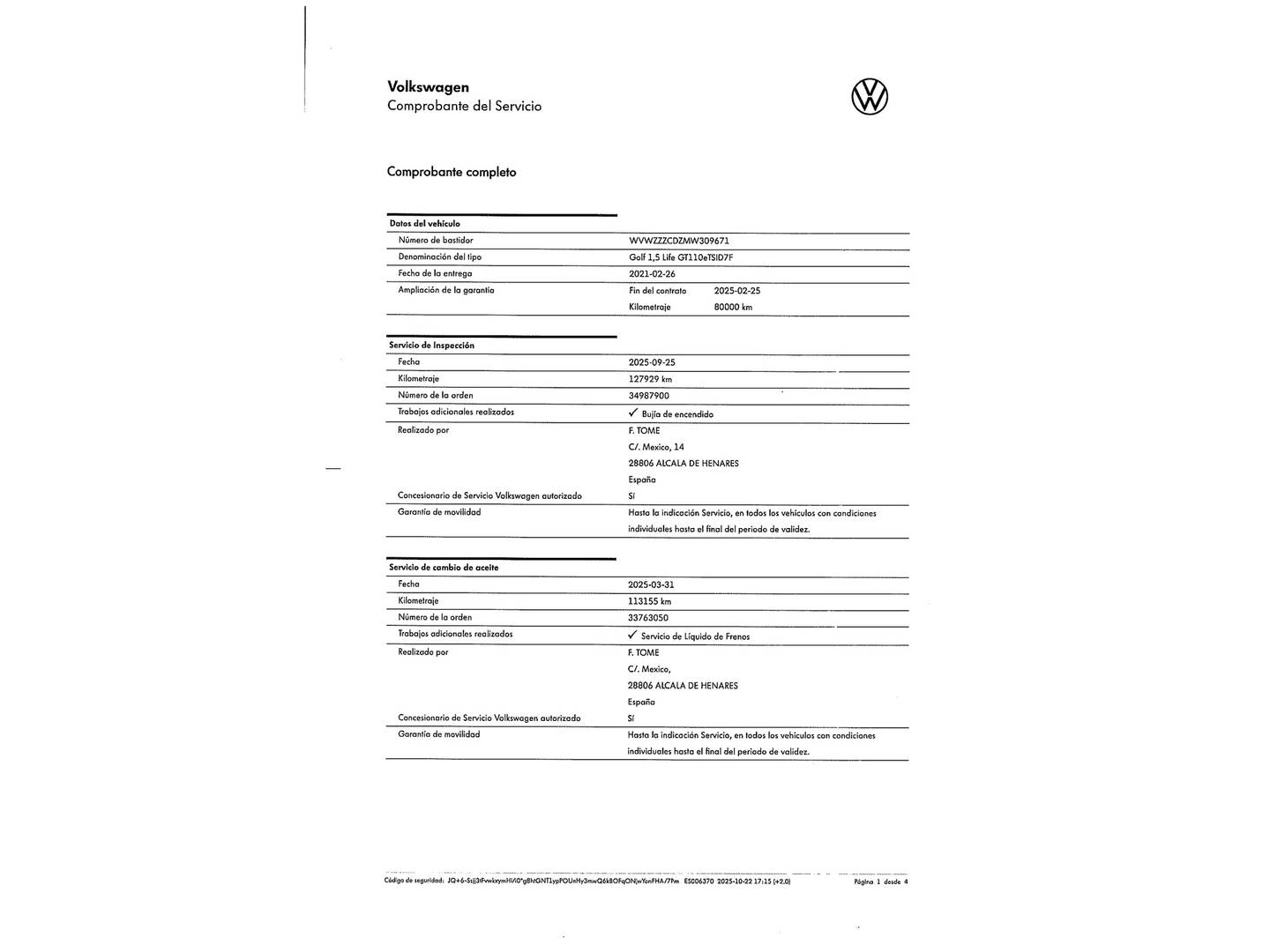 Foto del mantenimiento del Volkswagen Golf Volkswagen Golf Life 1.5 eTSI (150 CV) DSG