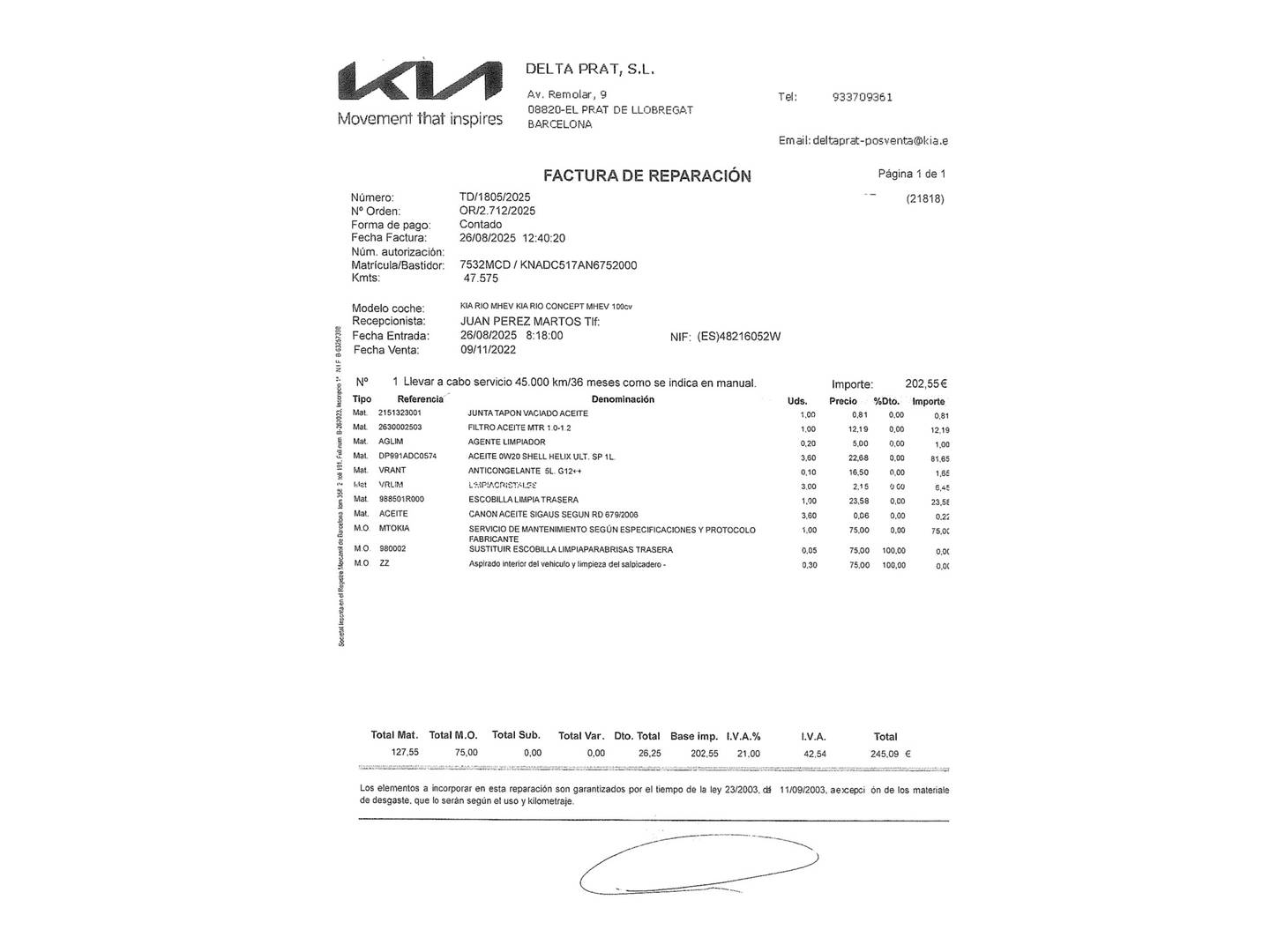 Foto del mantenimiento del KIA Rio KIA Rio 1.0 T-GDi MHEV iMT Drive (100 CV)