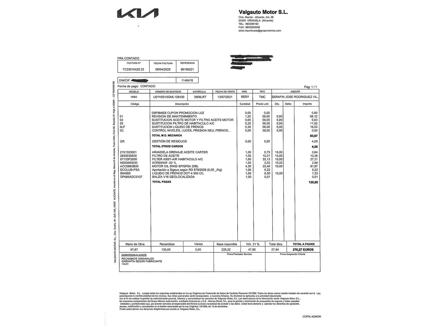 Foto del mantenimiento del KIA Ceed KIA Ceed 1.5 MHEV Tech DCT  (160 CV)