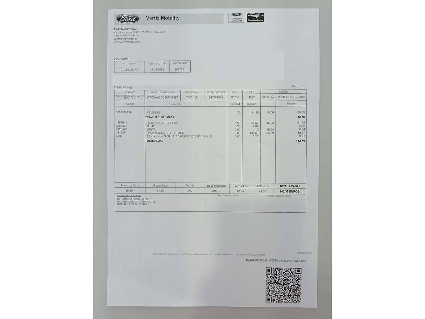 Foto del mantenimiento del Ford Focus Ford Focus 1.5 TDCI ST-Line (120 CV)