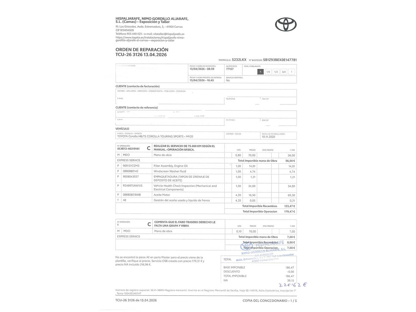 Foto del mantenimiento del Toyota Corolla Toyota Corolla Touring Sports 125H Active Tech E-CVT (122 CV)